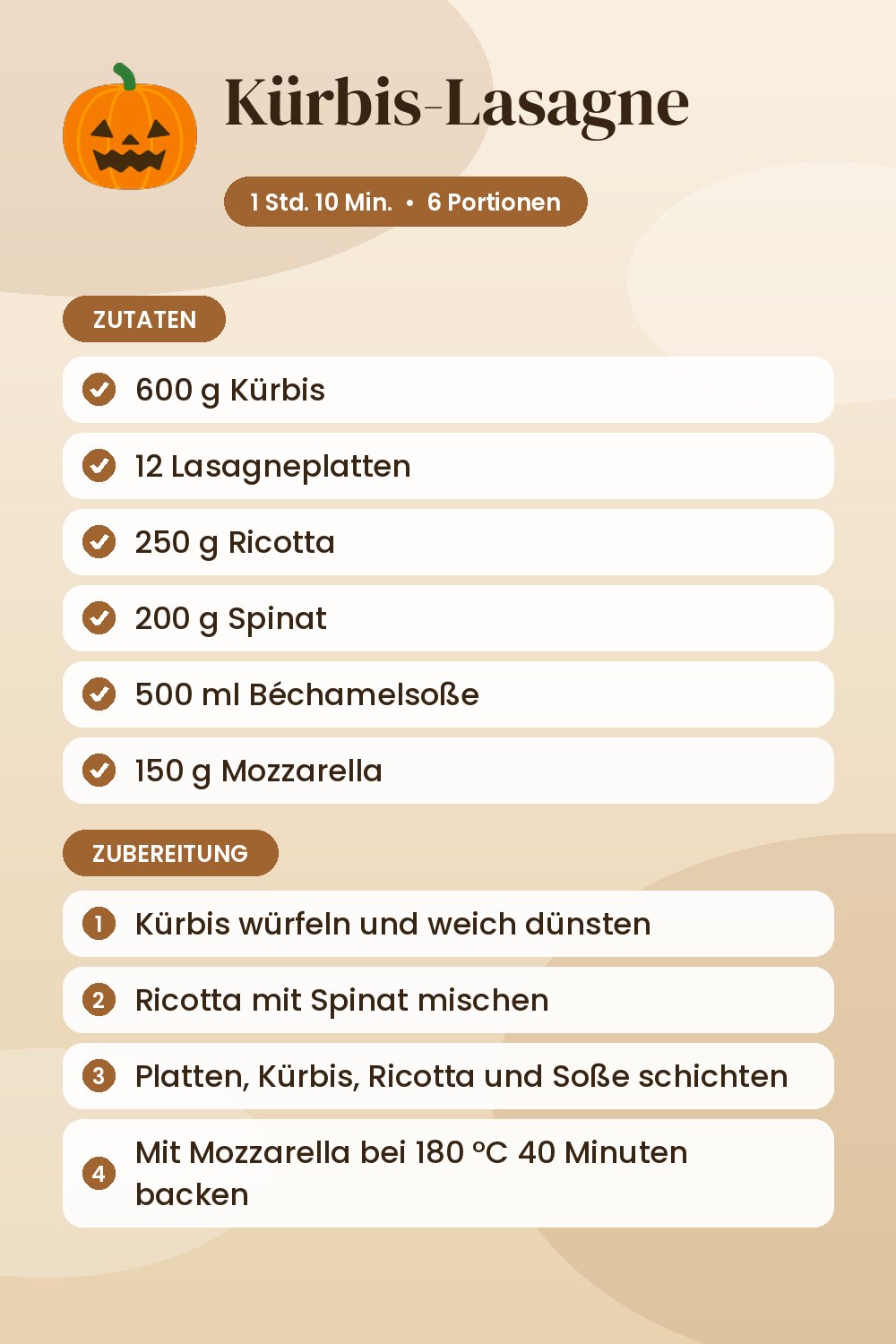 Kürbis-Lasagne: Rezeptkarte mit Zutaten und Zubereitung