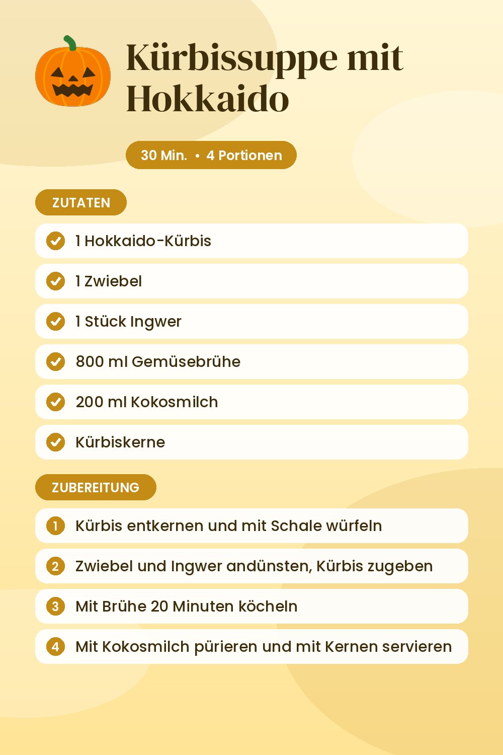 Kürbissuppe mit Hokkaido: Rezeptkarte mit Zutaten und Zubereitung