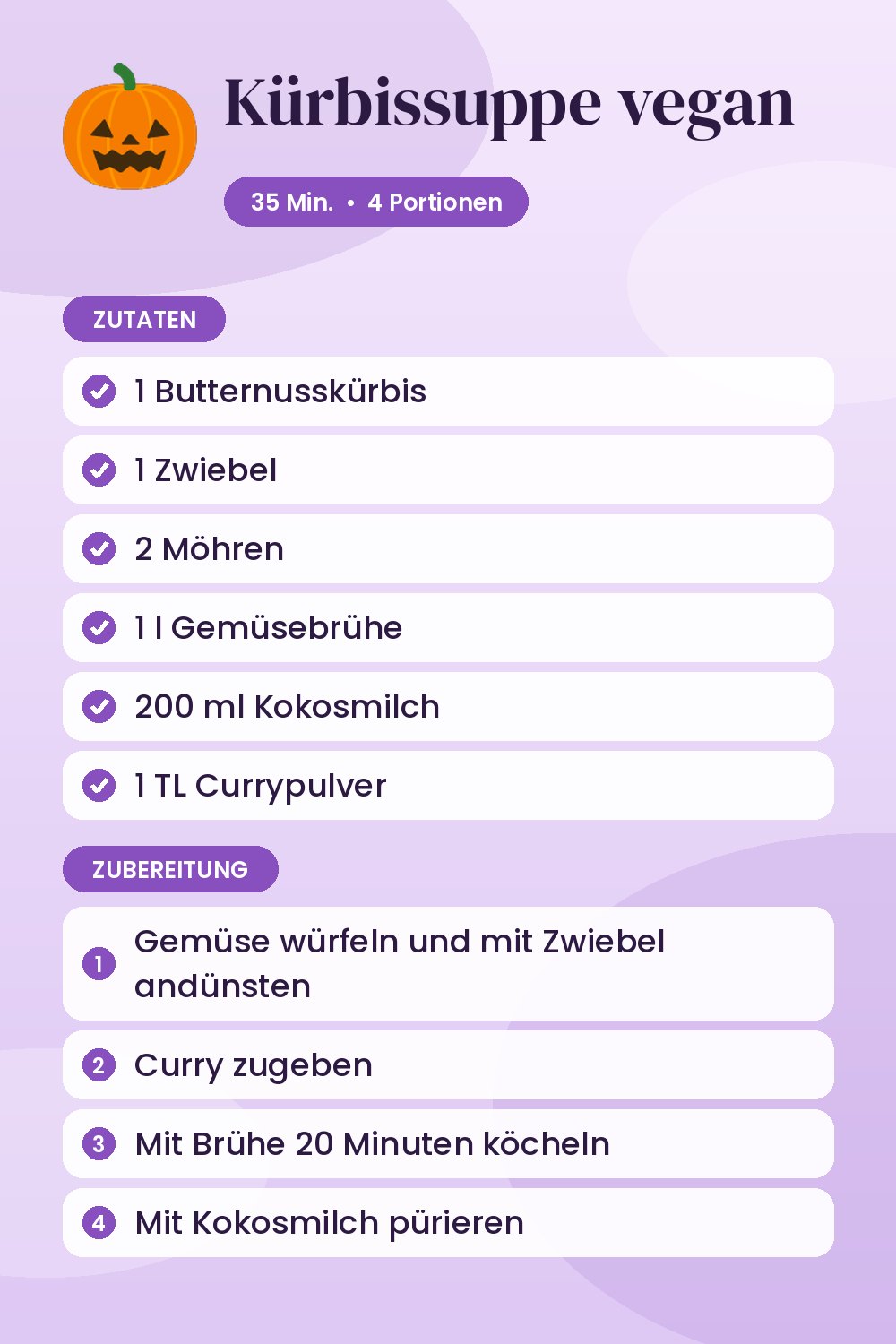 Kürbissuppe vegan: Rezeptkarte mit Zutaten und Zubereitung
