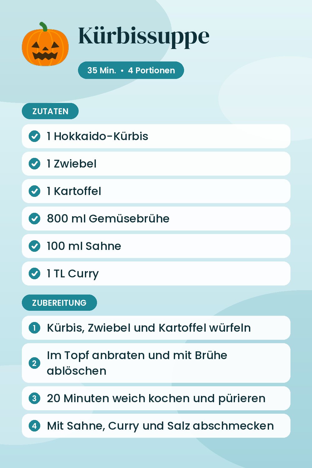 Kürbissuppe: Rezeptkarte mit Zutaten und Zubereitung