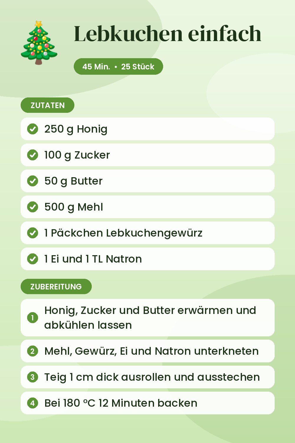 Lebkuchen einfach: Rezeptkarte mit Zutaten und Zubereitung
