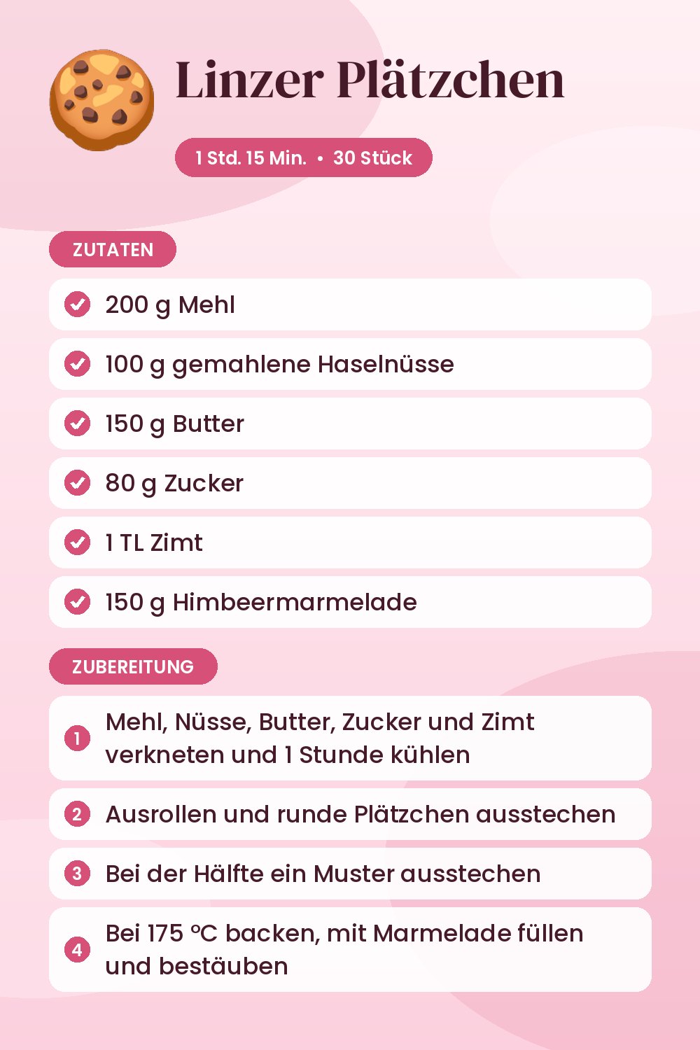 Linzer Plätzchen: Rezeptkarte mit Zutaten und Zubereitung