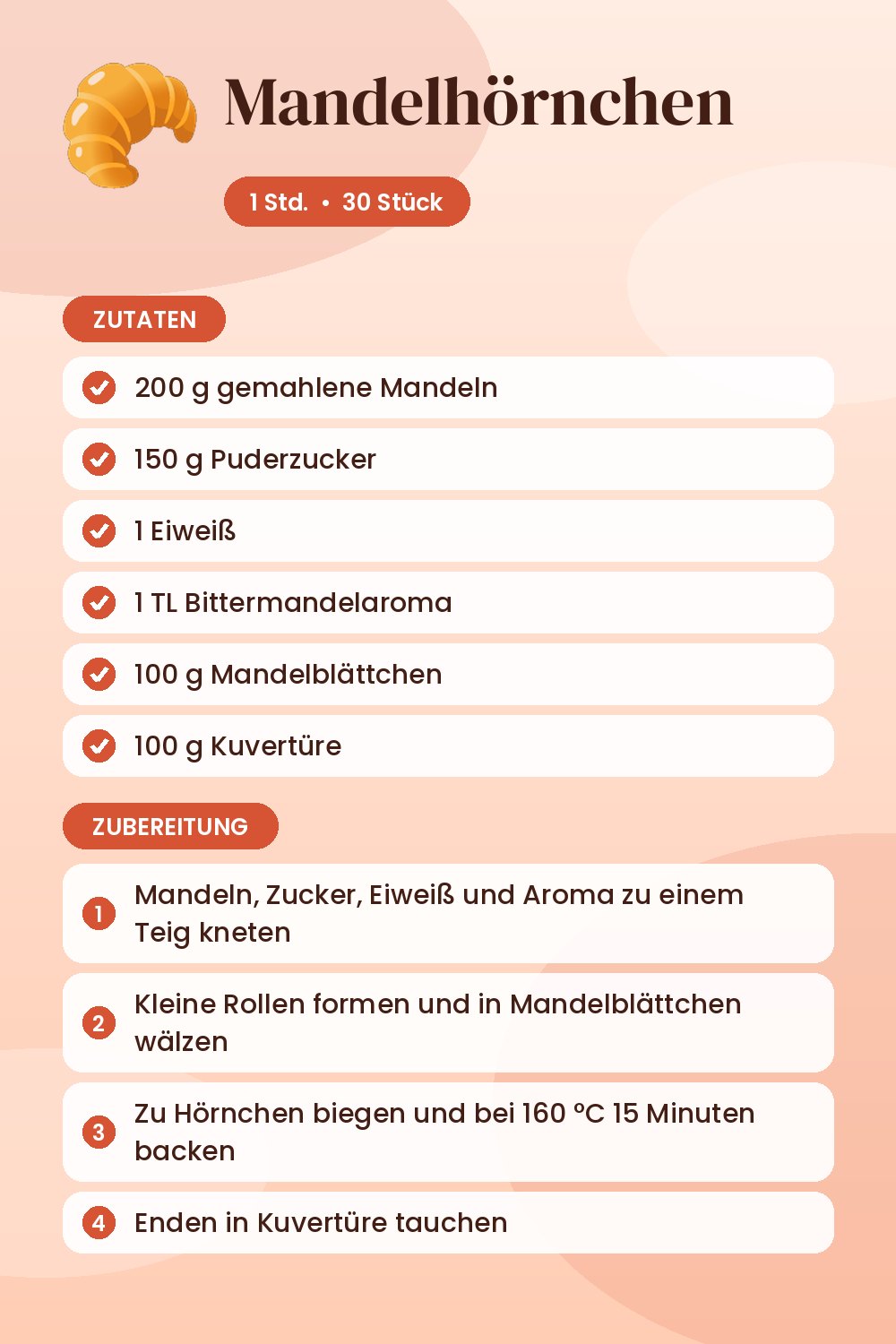 Mandelhörnchen: Rezeptkarte mit Zutaten und Zubereitung