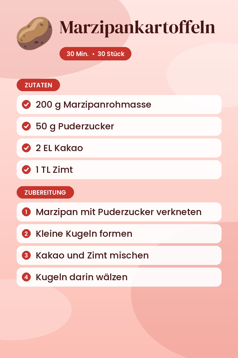 Marzipankartoffeln: Rezeptkarte mit Zutaten und Zubereitung
