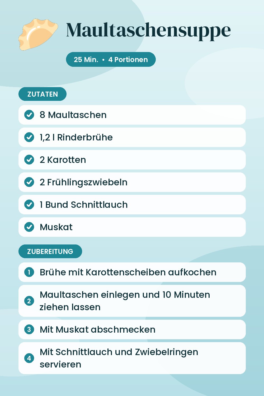 Maultaschensuppe: Rezeptkarte mit Zutaten und Zubereitung