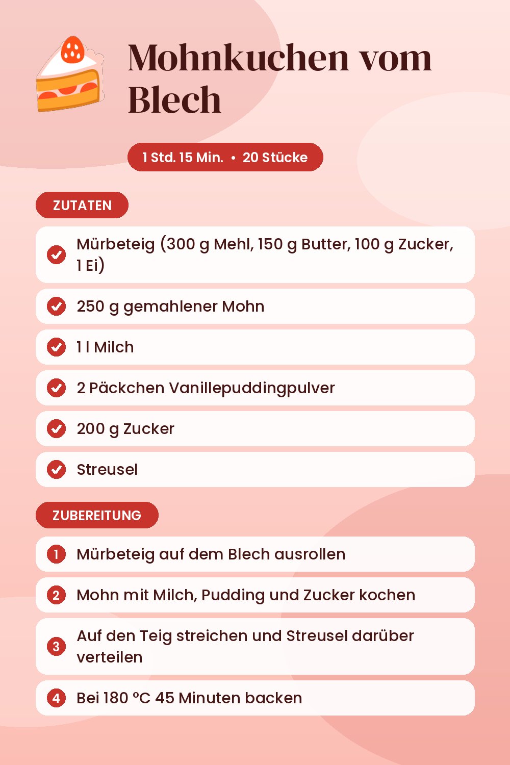 Mohnkuchen vom Blech: Rezeptkarte mit Zutaten und Zubereitung