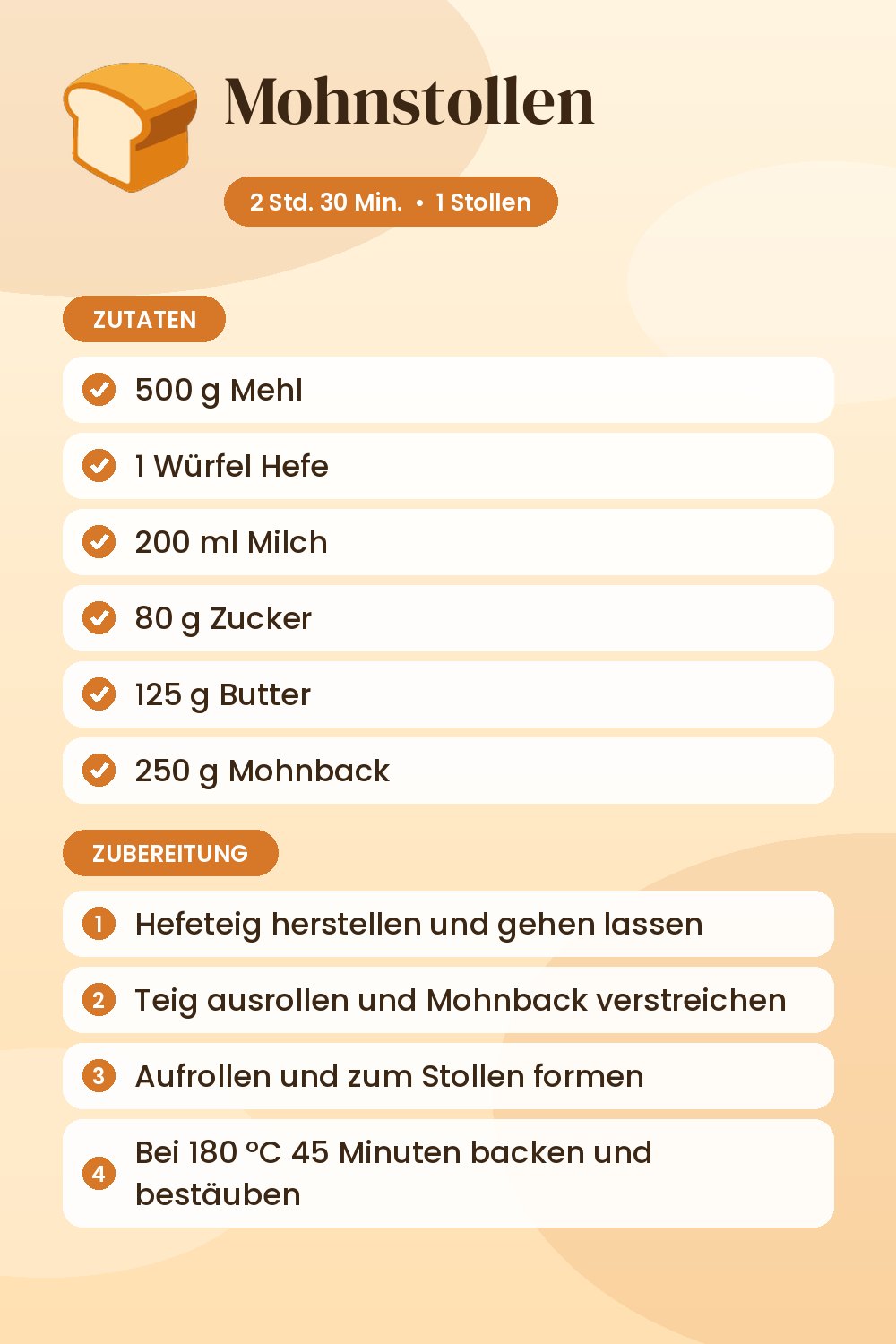 Mohnstollen: Rezeptkarte mit Zutaten und Zubereitung