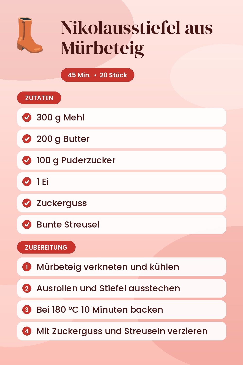Nikolausstiefel aus Mürbeteig: Rezeptkarte mit Zutaten und Zubereitung