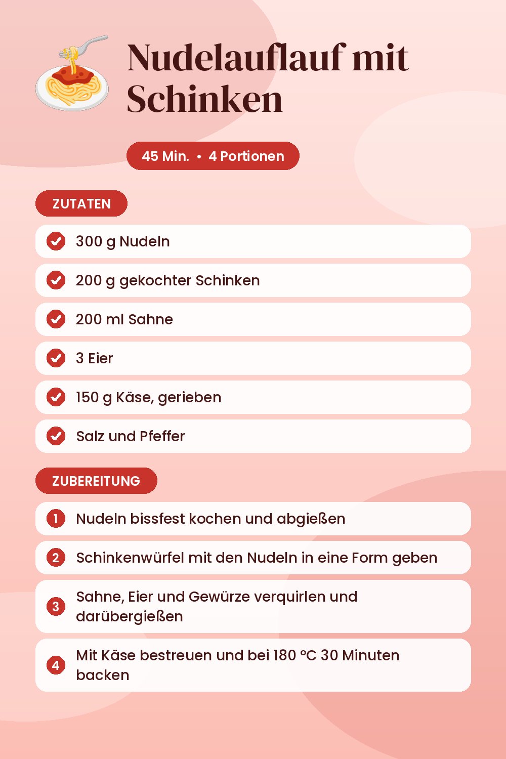 Nudelauflauf mit Schinken: Rezeptkarte mit Zutaten und Zubereitung