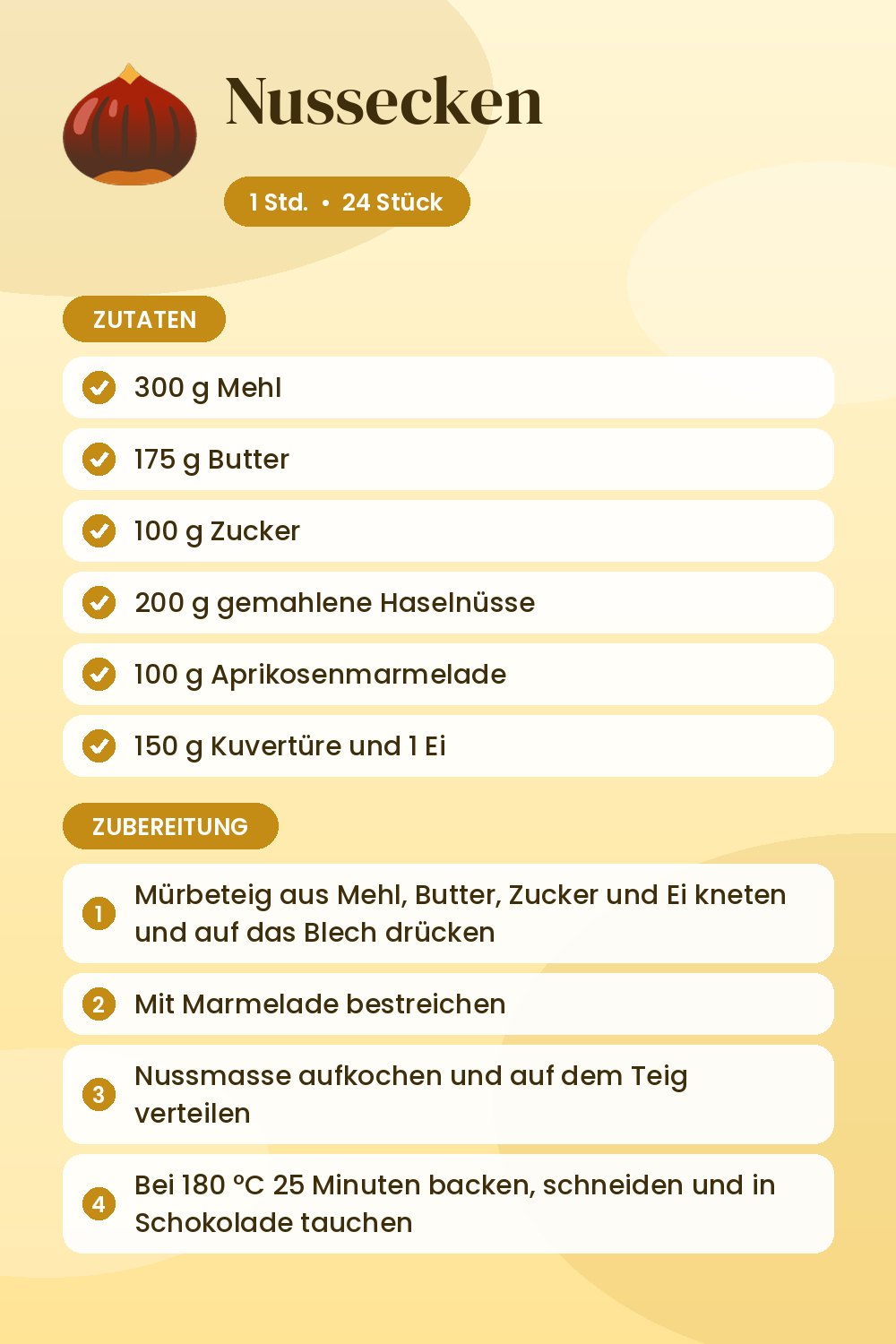 Nussecken: Rezeptkarte mit Zutaten und Zubereitung