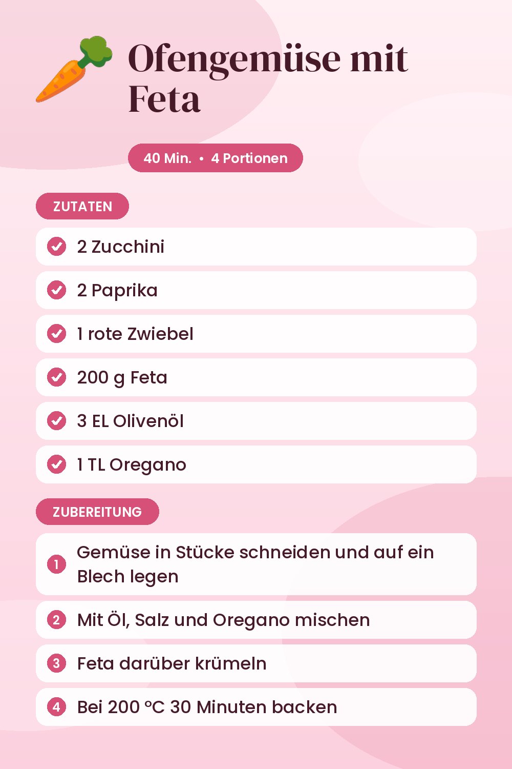 Ofengemüse mit Feta: Rezeptkarte mit Zutaten und Zubereitung