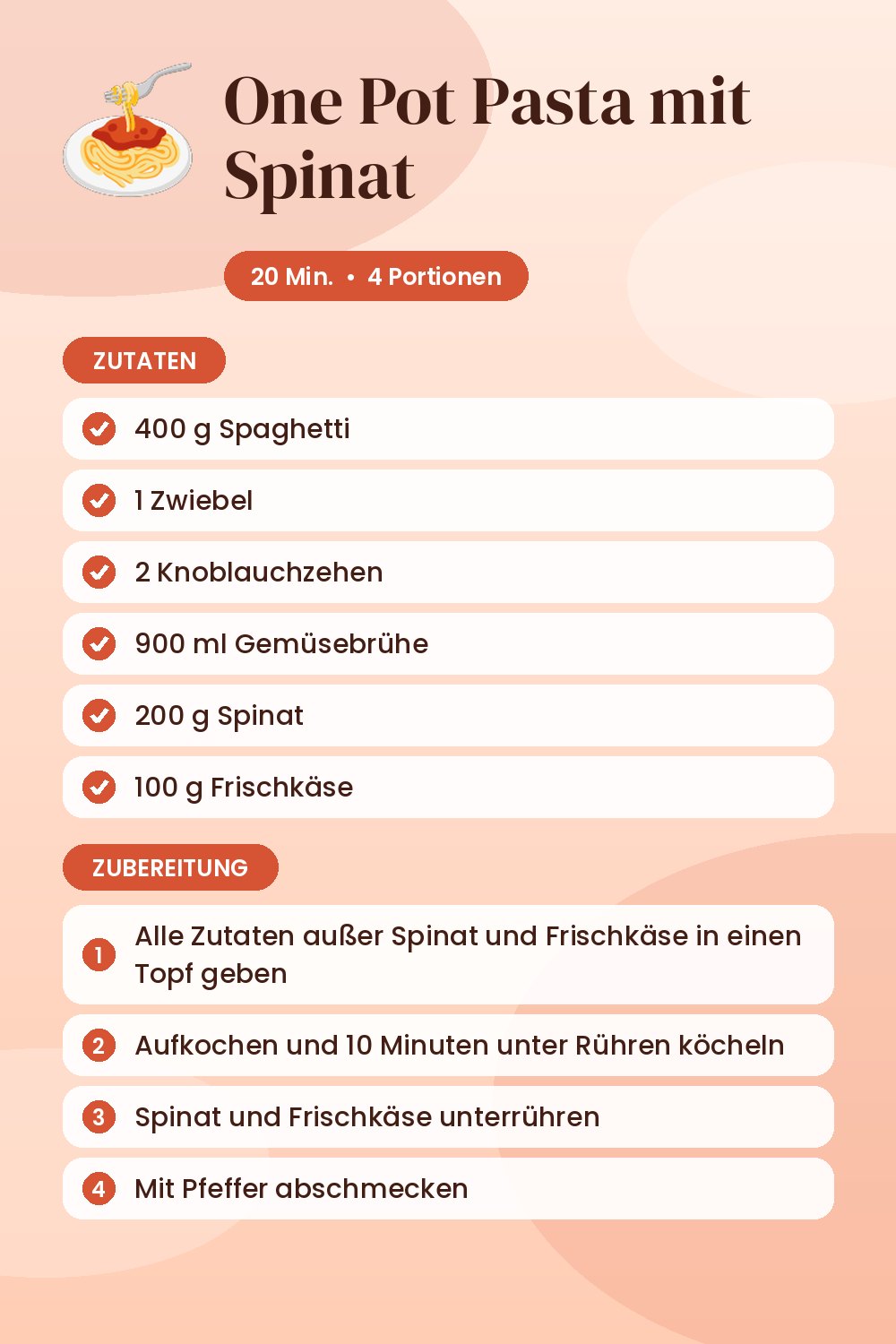One Pot Pasta mit Spinat: Rezeptkarte mit Zutaten und Zubereitung