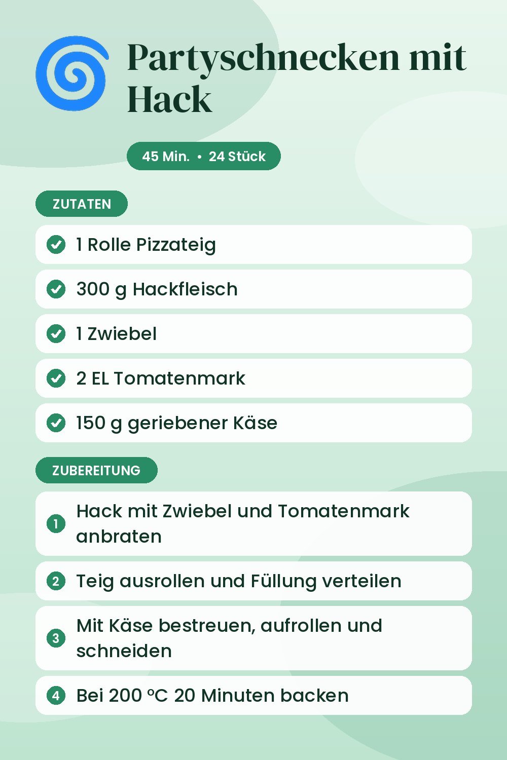Partyschnecken mit Hack: Rezeptkarte mit Zutaten und Zubereitung