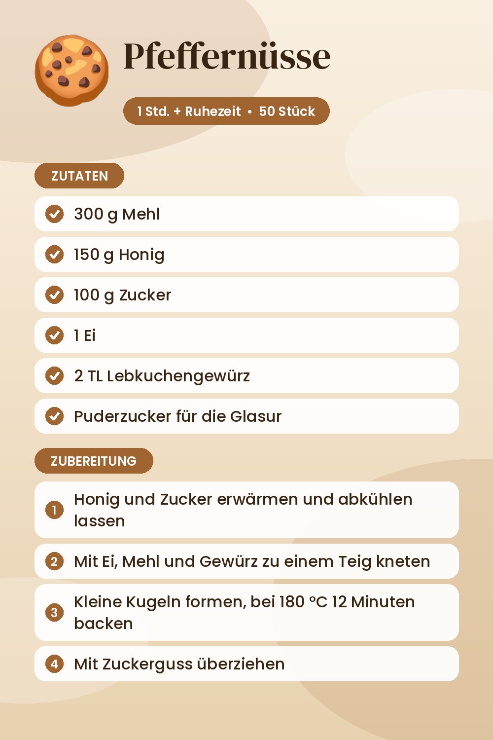 Pfeffernüsse: Rezeptkarte mit Zutaten und Zubereitung