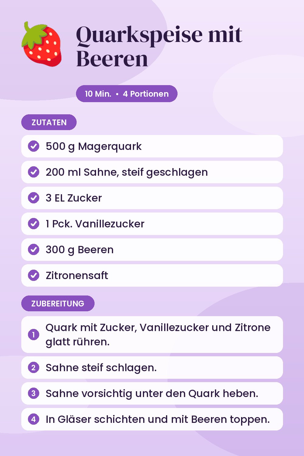 Quarkspeise mit Beeren: Rezeptkarte mit Zutaten und Zubereitung