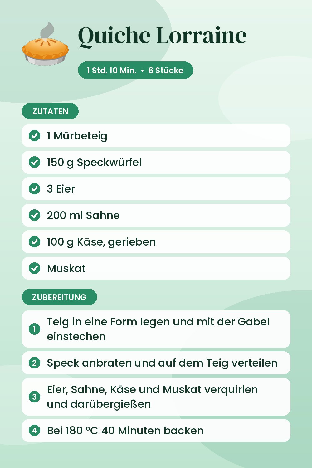 Quiche Lorraine: Rezeptkarte mit Zutaten und Zubereitung