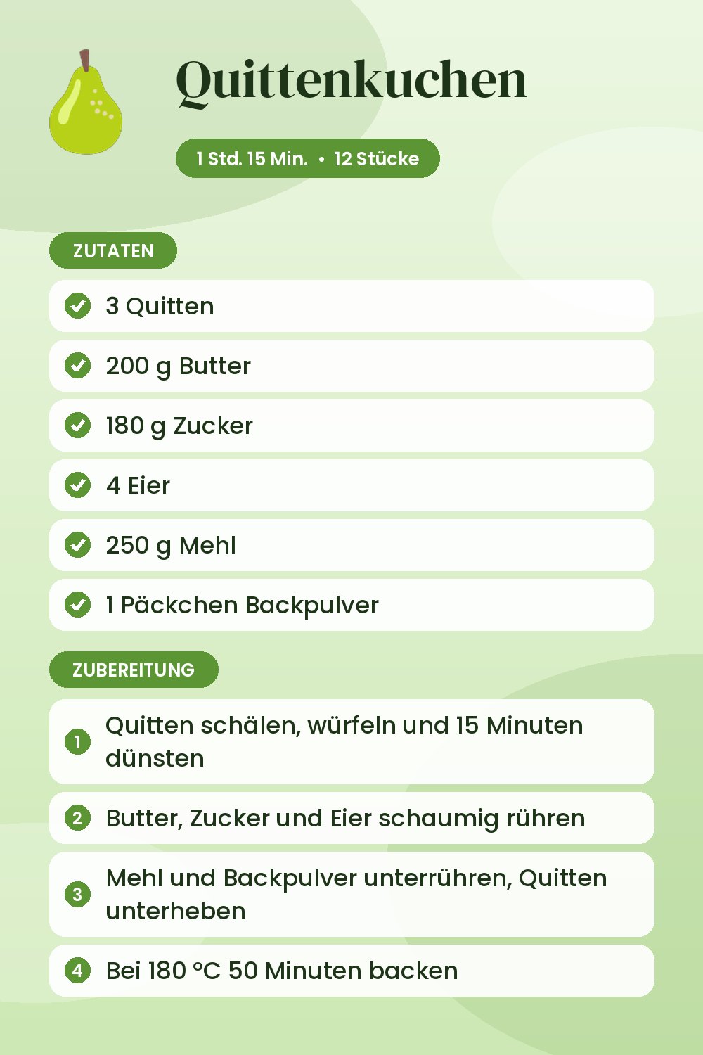 Quittenkuchen: Rezeptkarte mit Zutaten und Zubereitung
