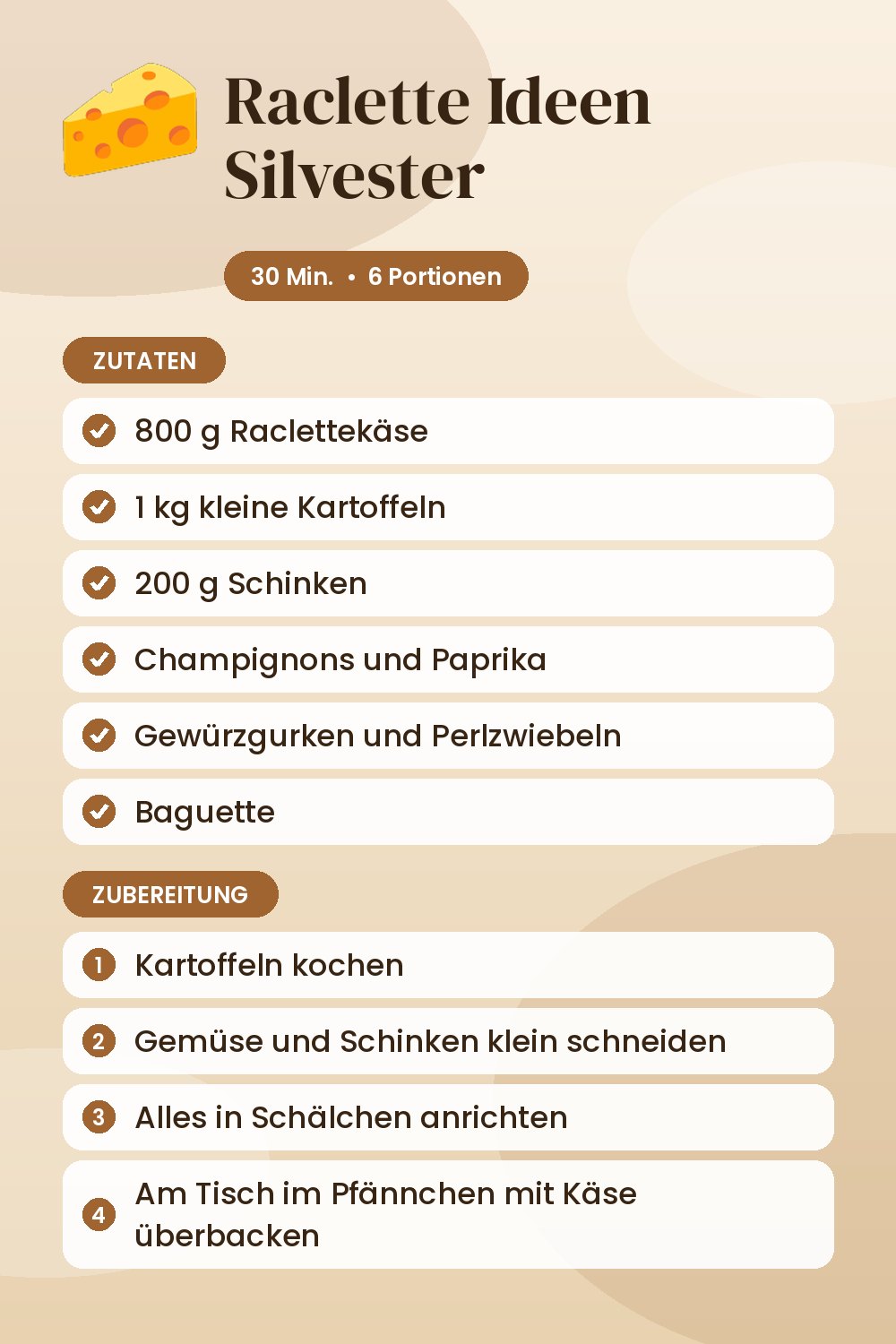 Raclette Ideen Silvester: Rezeptkarte mit Zutaten und Zubereitung