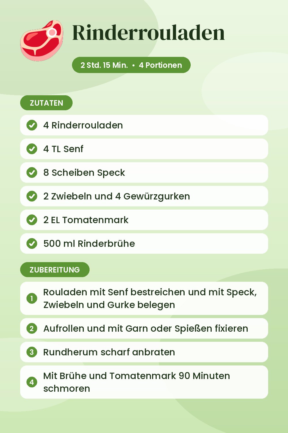 Rinderrouladen: Rezeptkarte mit Zutaten und Zubereitung