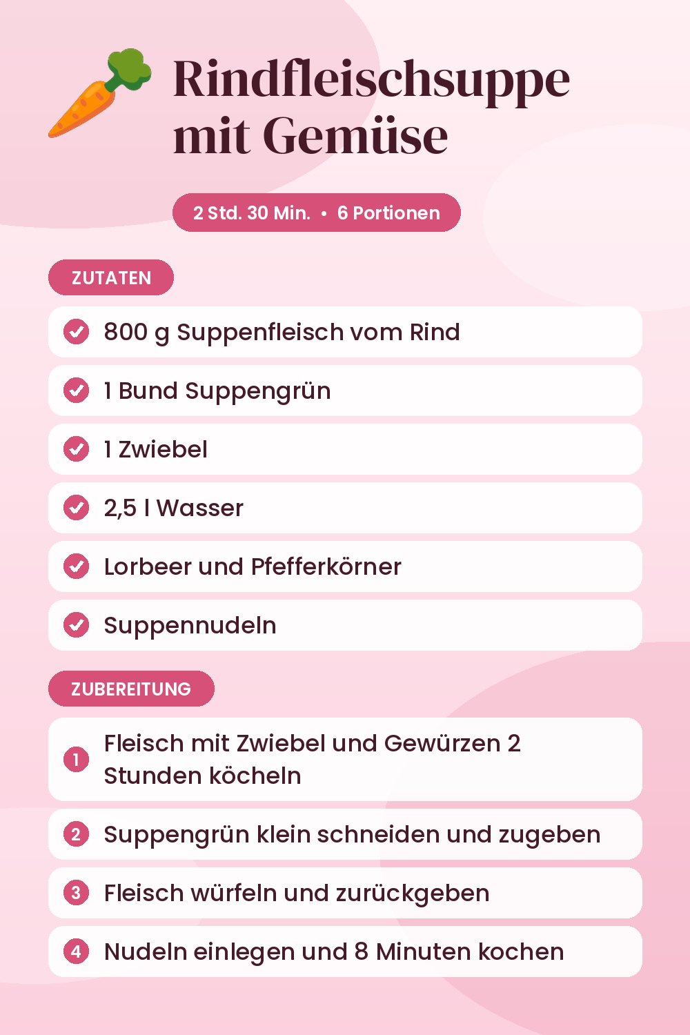 Rindfleischsuppe mit Gemüse: Rezeptkarte mit Zutaten und Zubereitung