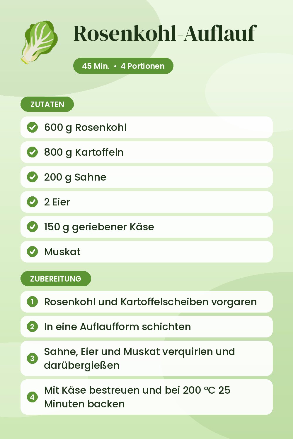 Rosenkohl-Auflauf: Rezeptkarte mit Zutaten und Zubereitung