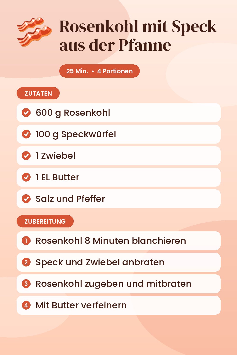 Rosenkohl mit Speck aus der Pfanne: Rezeptkarte mit Zutaten und Zubereitung