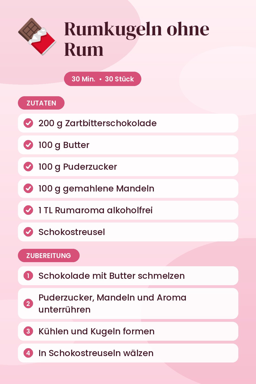 Rumkugeln ohne Rum: Rezeptkarte mit Zutaten und Zubereitung