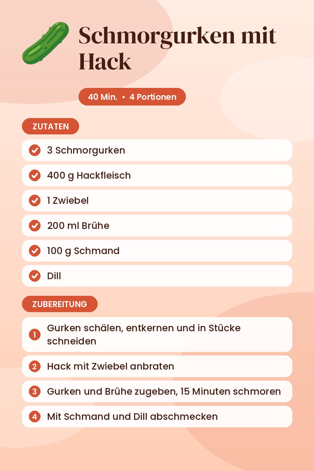 Schmorgurken mit Hack: Rezeptkarte mit Zutaten und Zubereitung