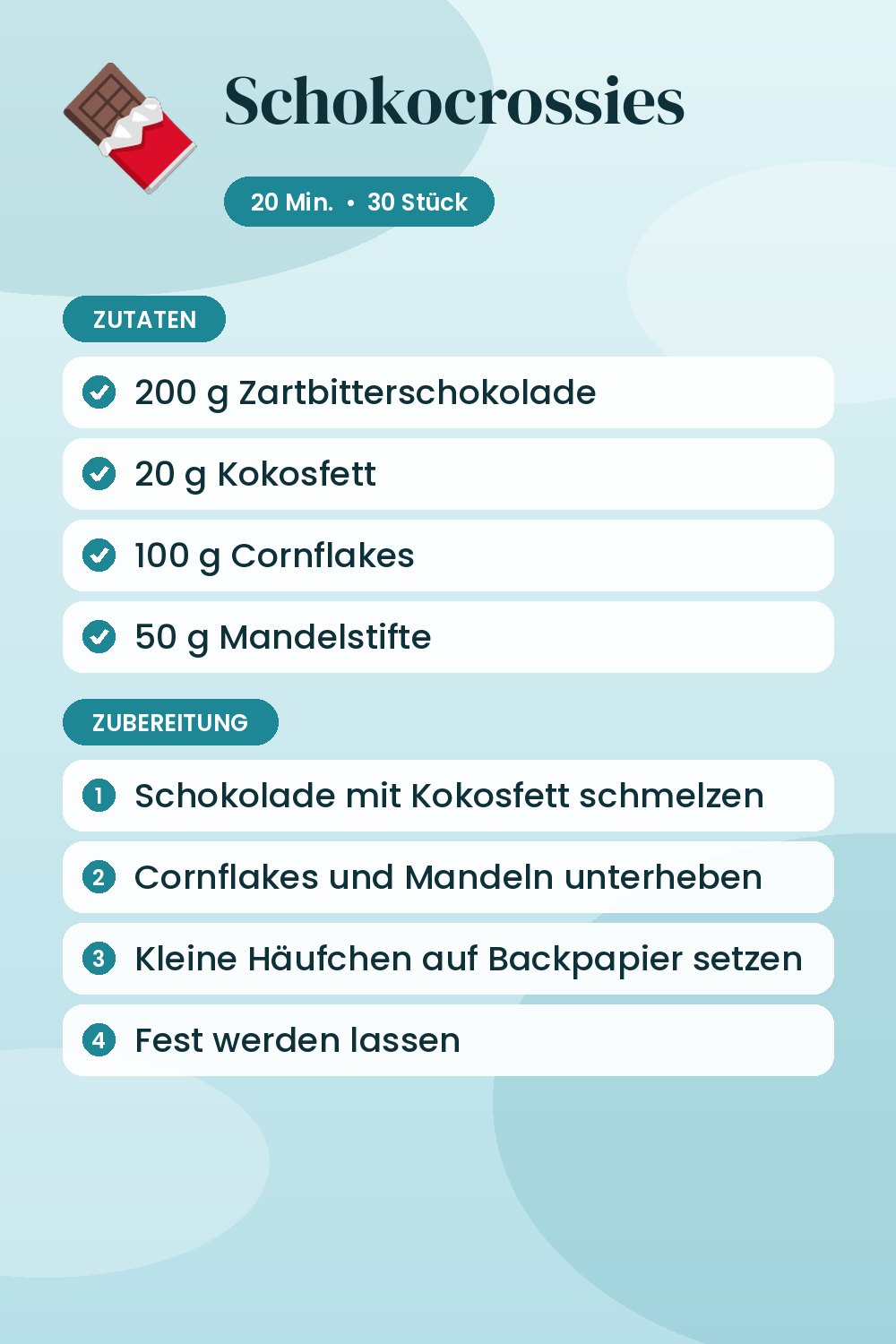 Schokocrossies: Rezeptkarte mit Zutaten und Zubereitung