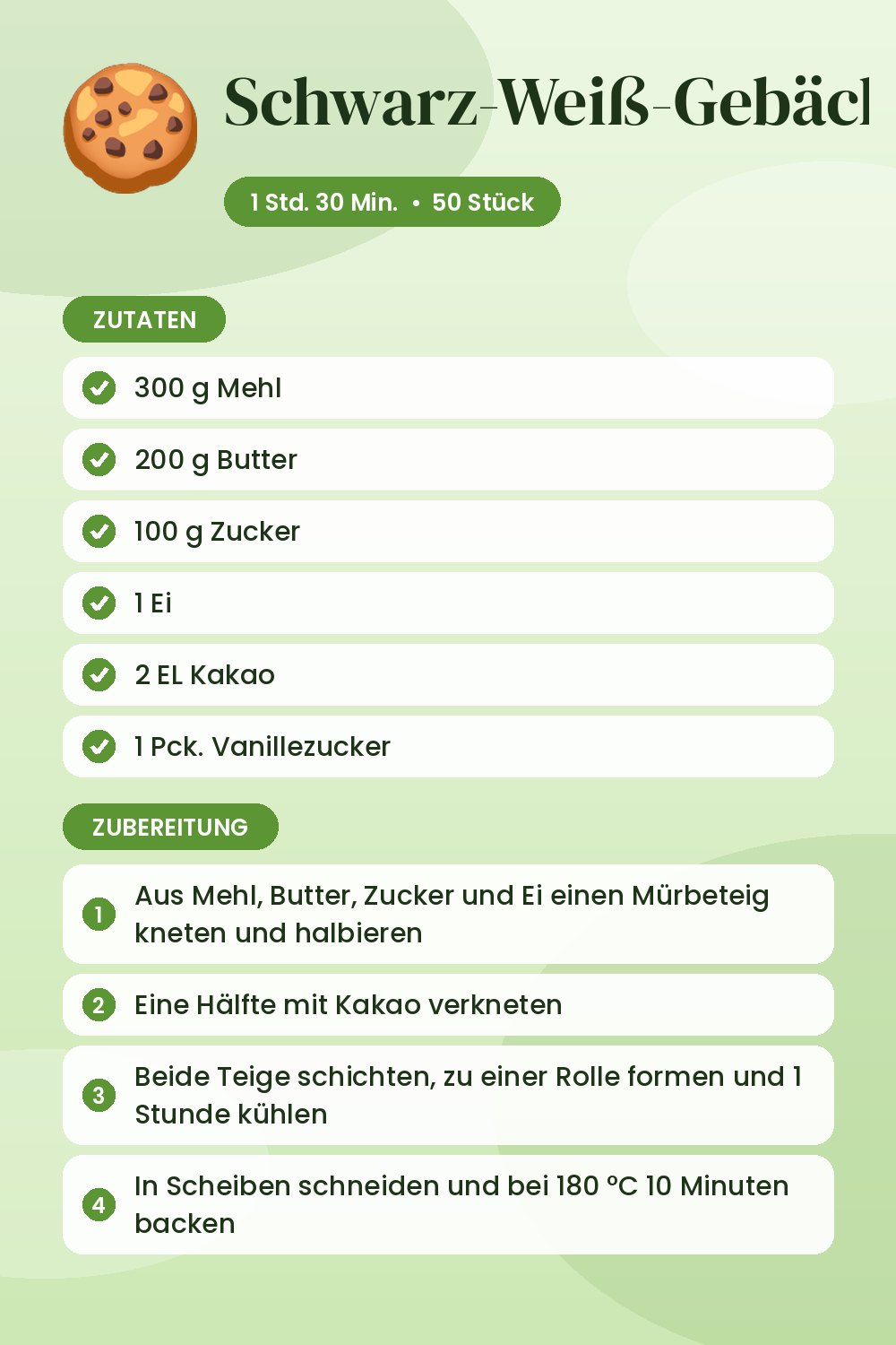 Schwarz-Weiß-Gebäck: Rezeptkarte mit Zutaten und Zubereitung