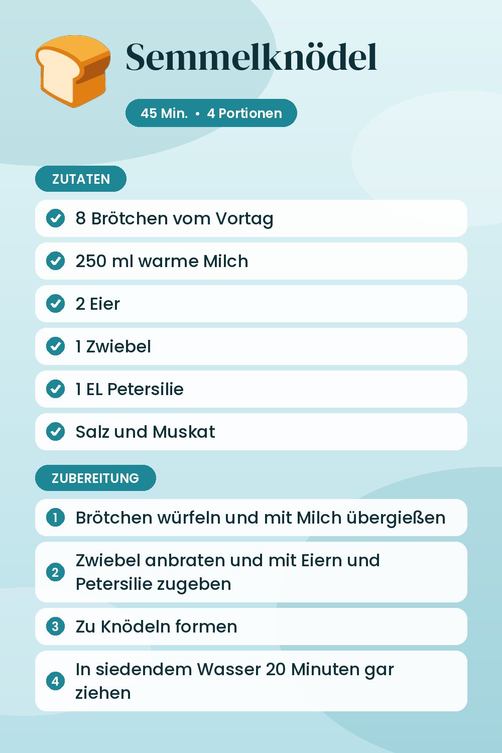 Semmelknödel: Rezeptkarte mit Zutaten und Zubereitung