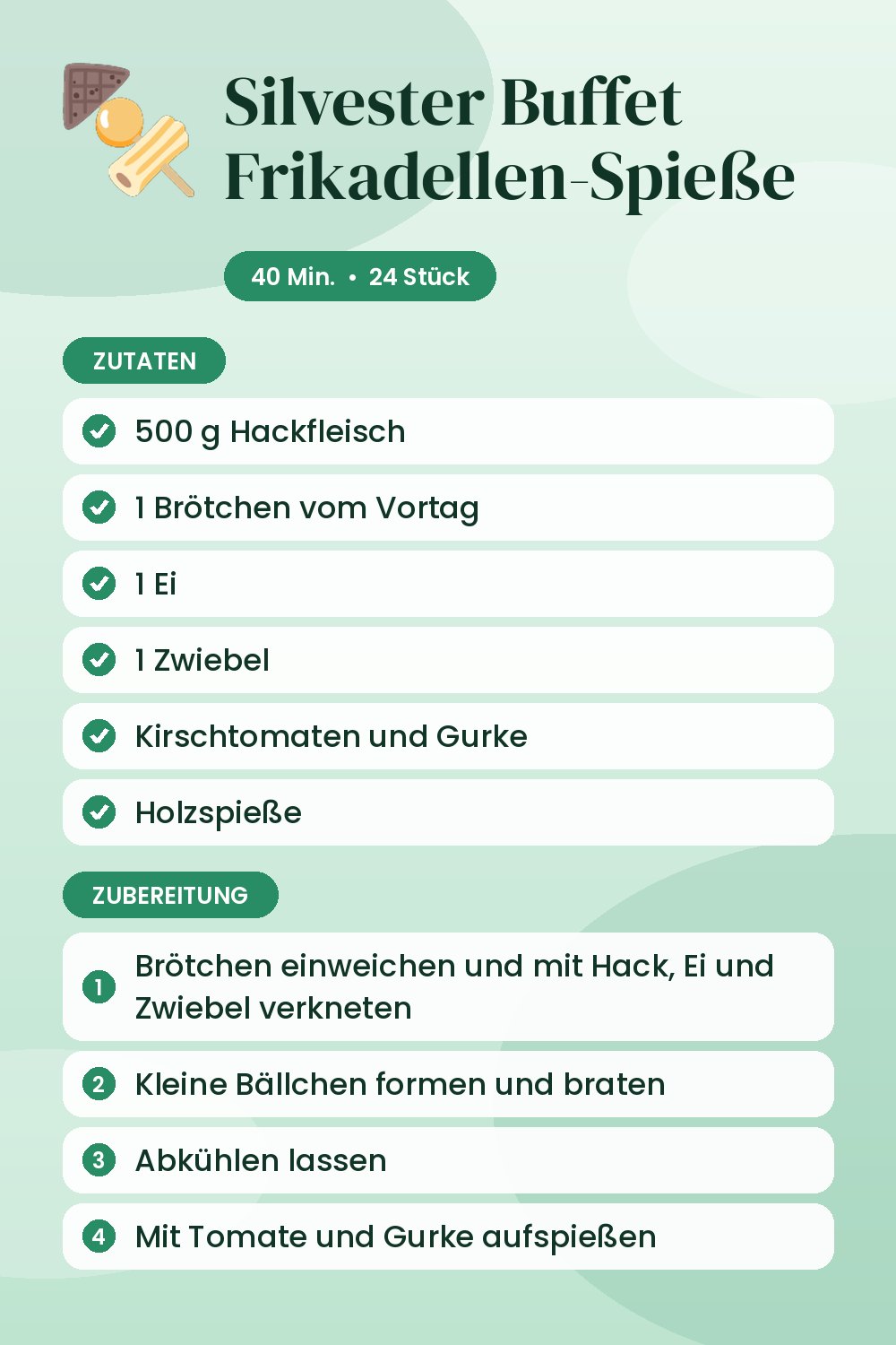 Silvester Buffet Frikadellen-Spieße: Rezeptkarte mit Zutaten und Zubereitung