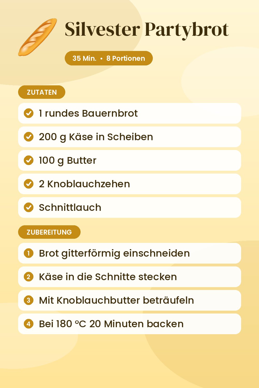 Silvester Partybrot: Rezeptkarte mit Zutaten und Zubereitung