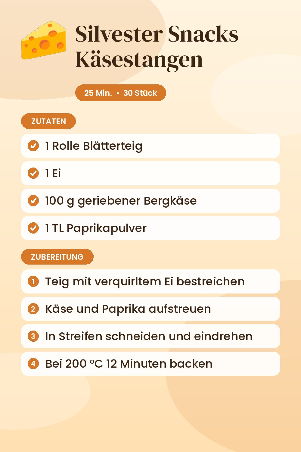 Silvester Snacks Käsestangen: Rezeptkarte mit Zutaten und Zubereitung