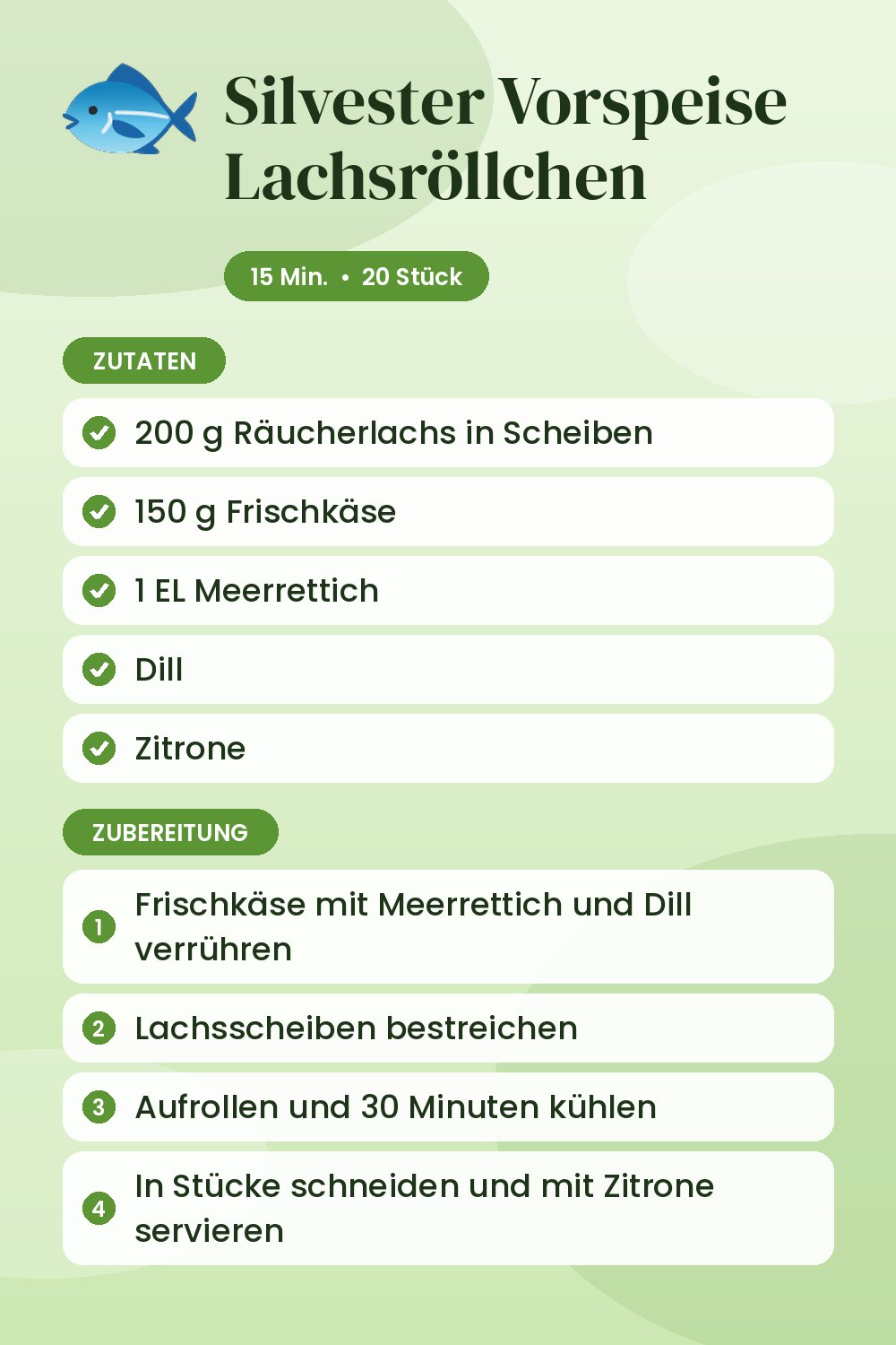 Silvester Vorspeise Lachsröllchen: Rezeptkarte mit Zutaten und Zubereitung