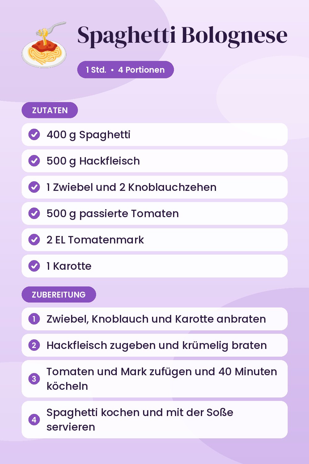 Spaghetti Bolognese: Rezeptkarte mit Zutaten und Zubereitung