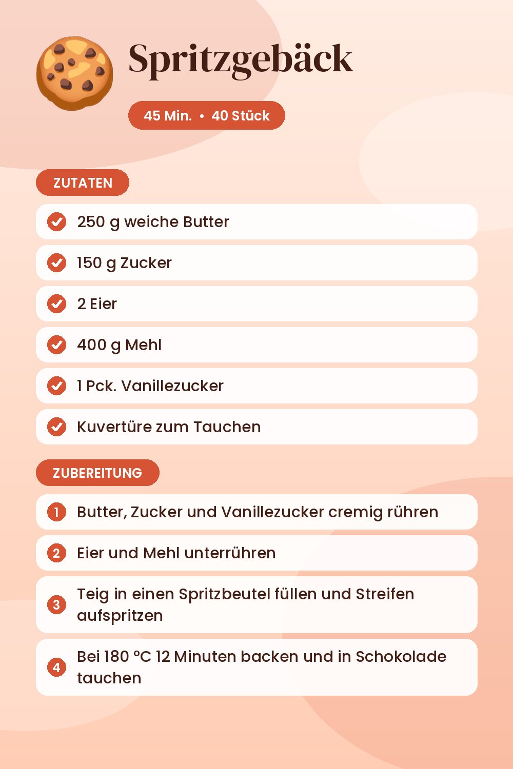 Spritzgebäck: Rezeptkarte mit Zutaten und Zubereitung