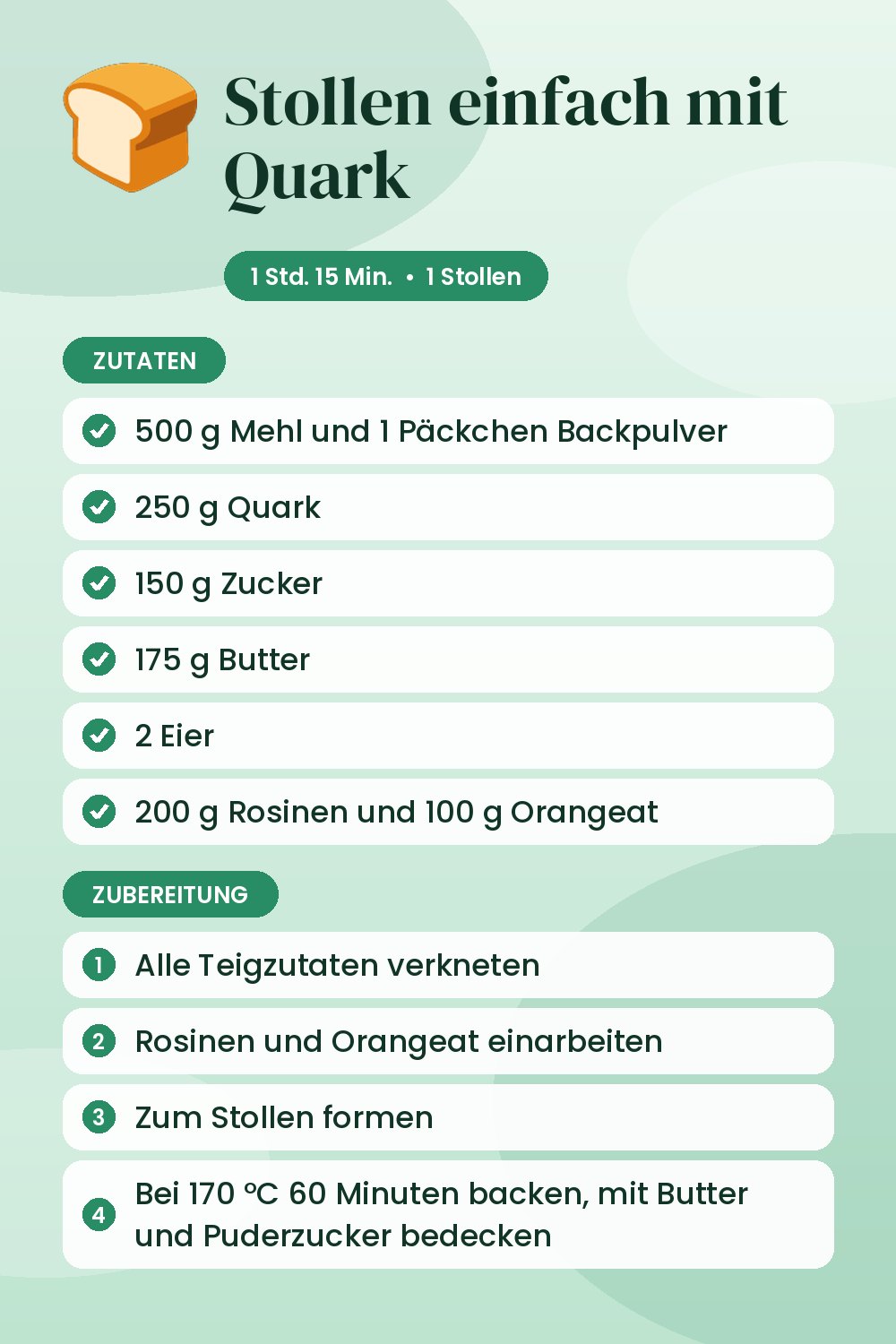 Stollen einfach mit Quark: Rezeptkarte mit Zutaten und Zubereitung