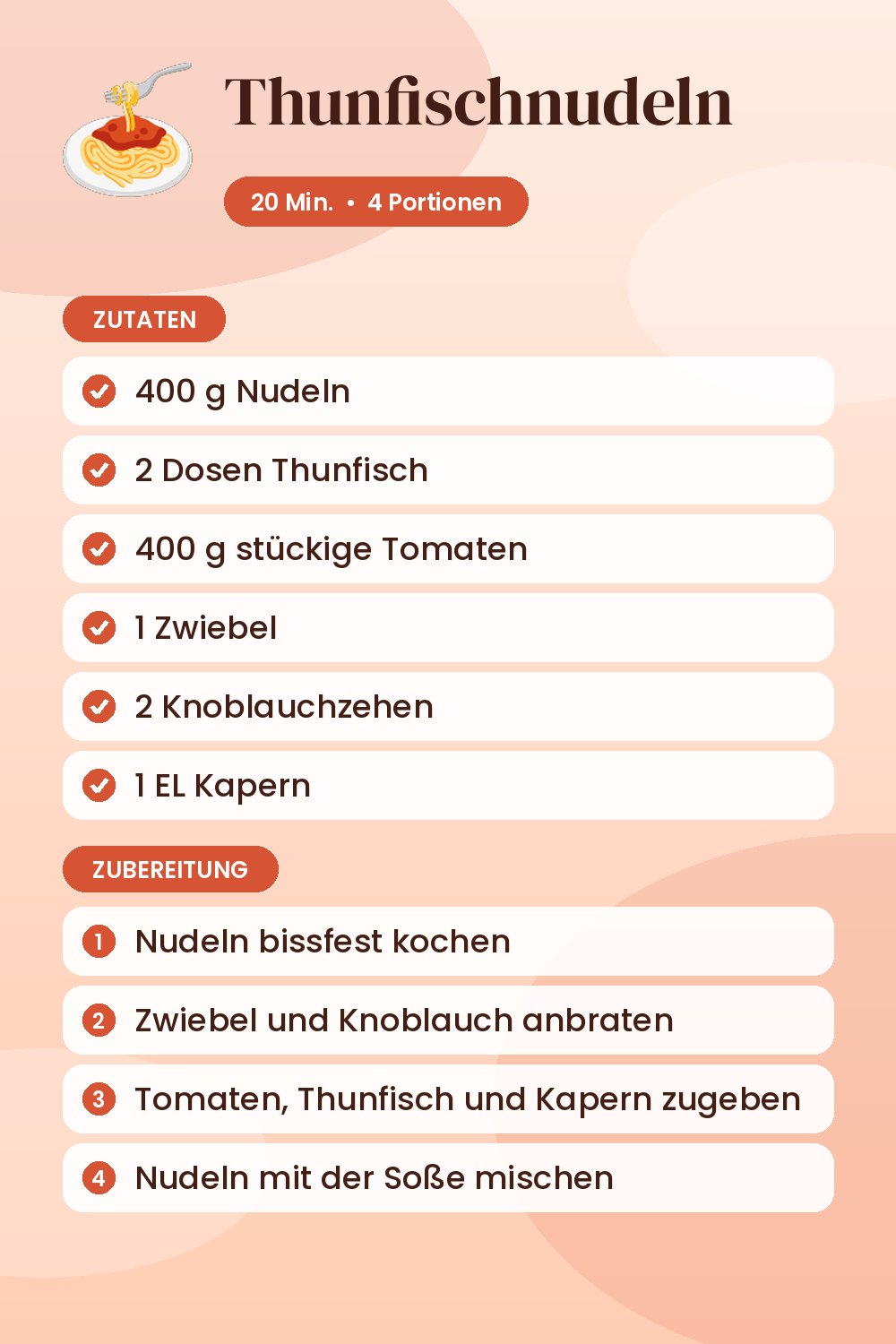 Thunfischnudeln: Rezeptkarte mit Zutaten und Zubereitung