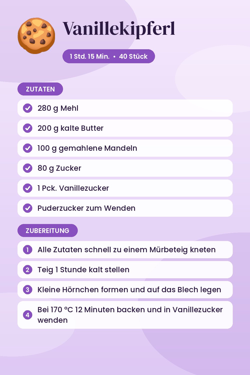 Vanillekipferl: Rezeptkarte mit Zutaten und Zubereitung
