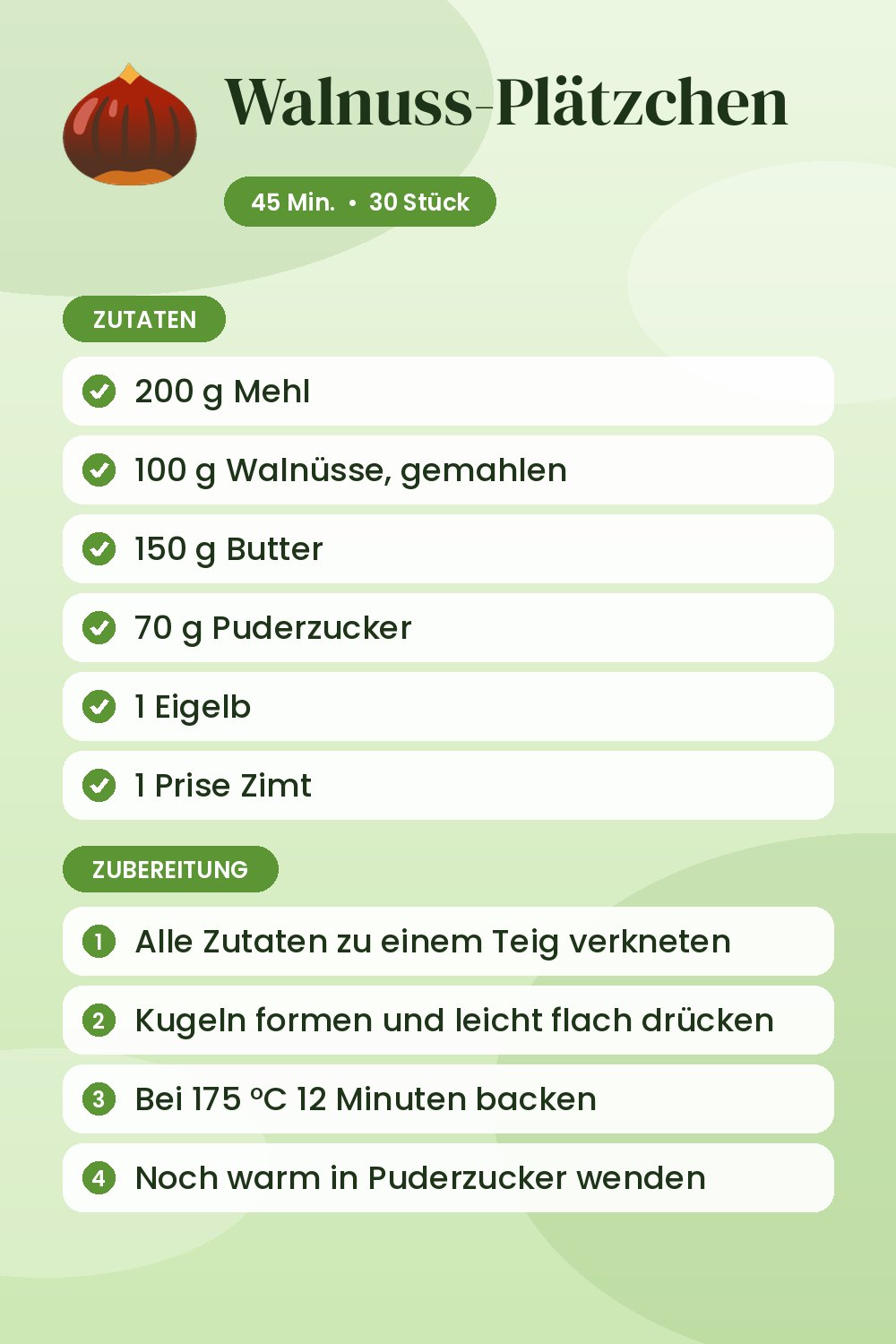 Walnuss-Plätzchen: Rezeptkarte mit Zutaten und Zubereitung