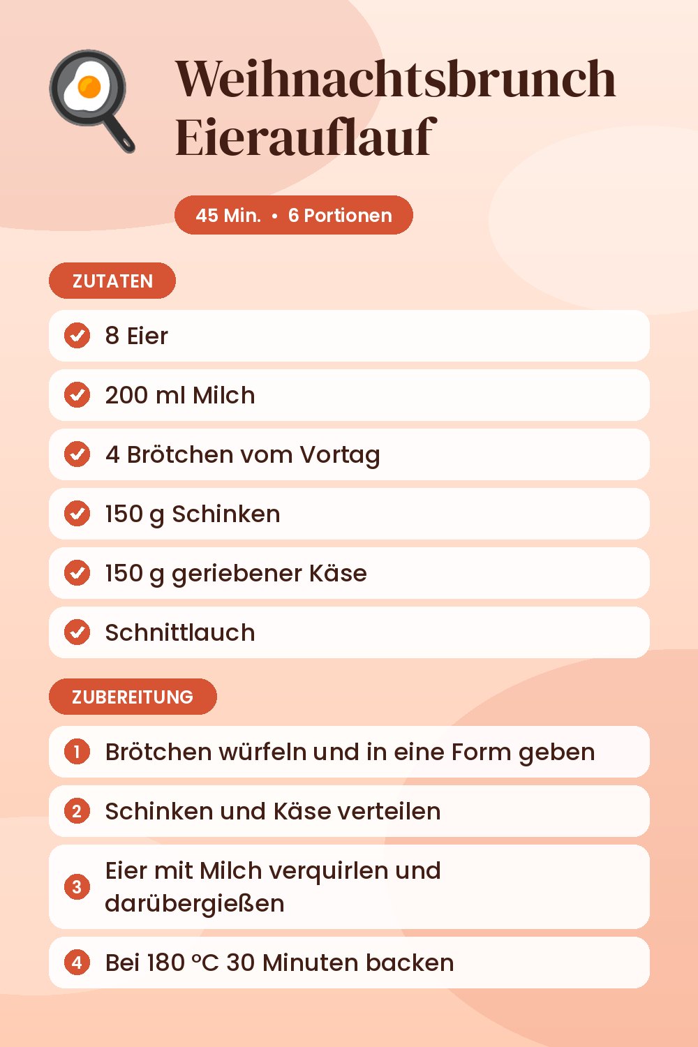 Weihnachtsbrunch Eierauflauf: Rezeptkarte mit Zutaten und Zubereitung