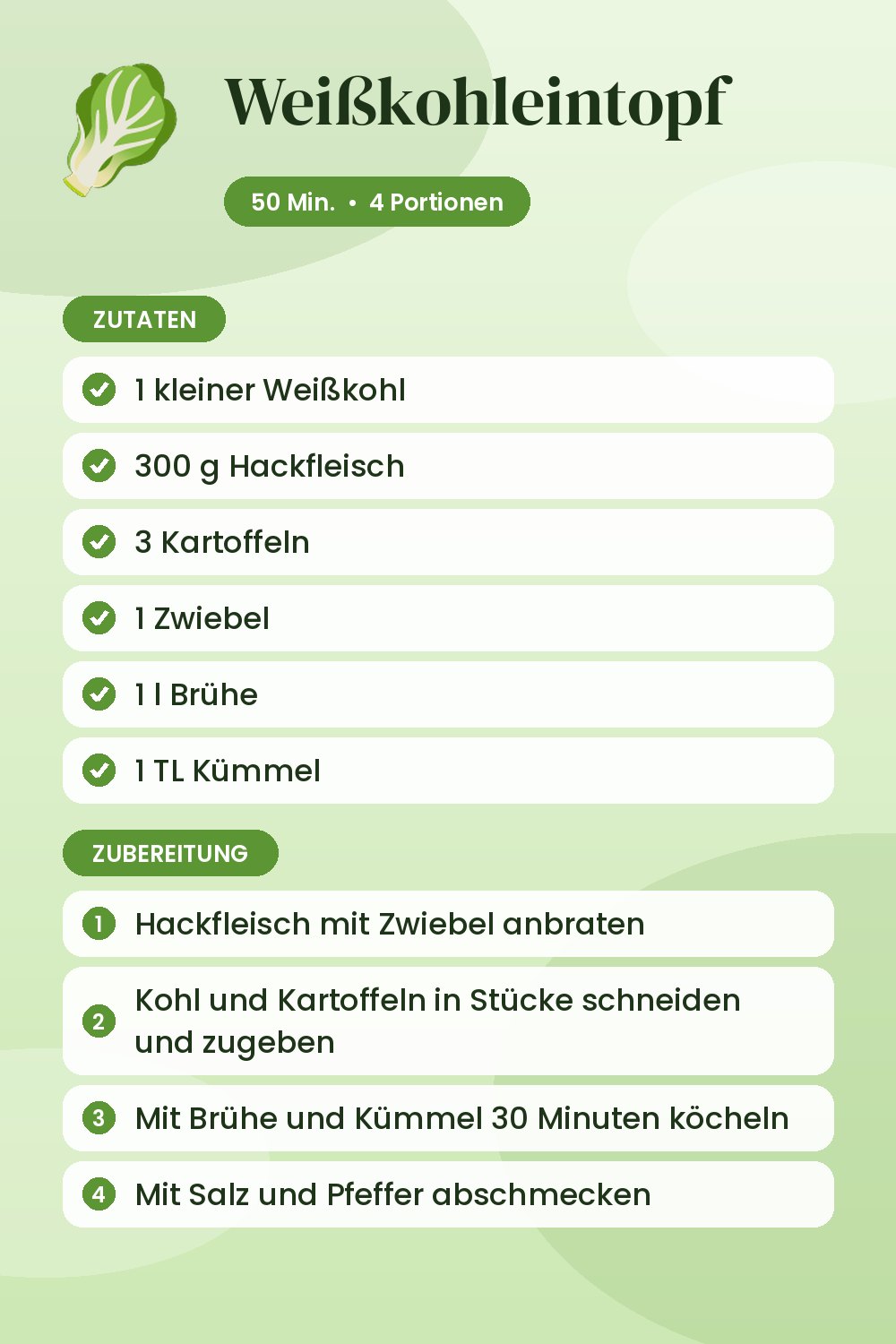 Weißkohleintopf: Rezeptkarte mit Zutaten und Zubereitung