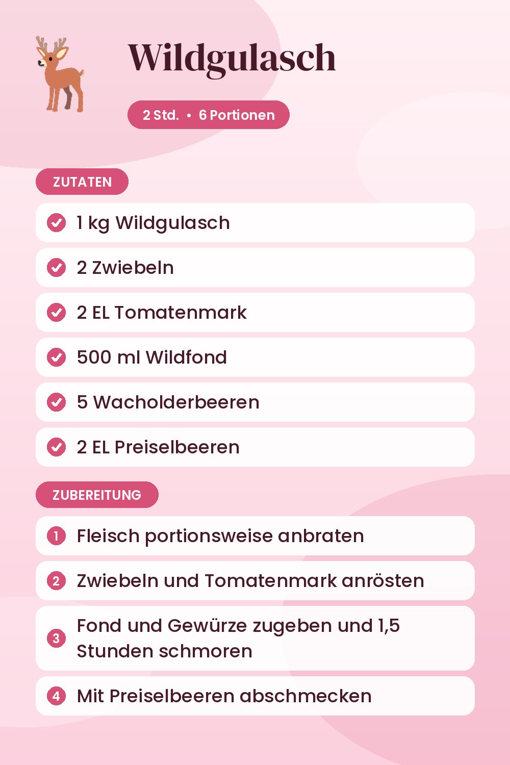 Wildgulasch: Rezeptkarte mit Zutaten und Zubereitung