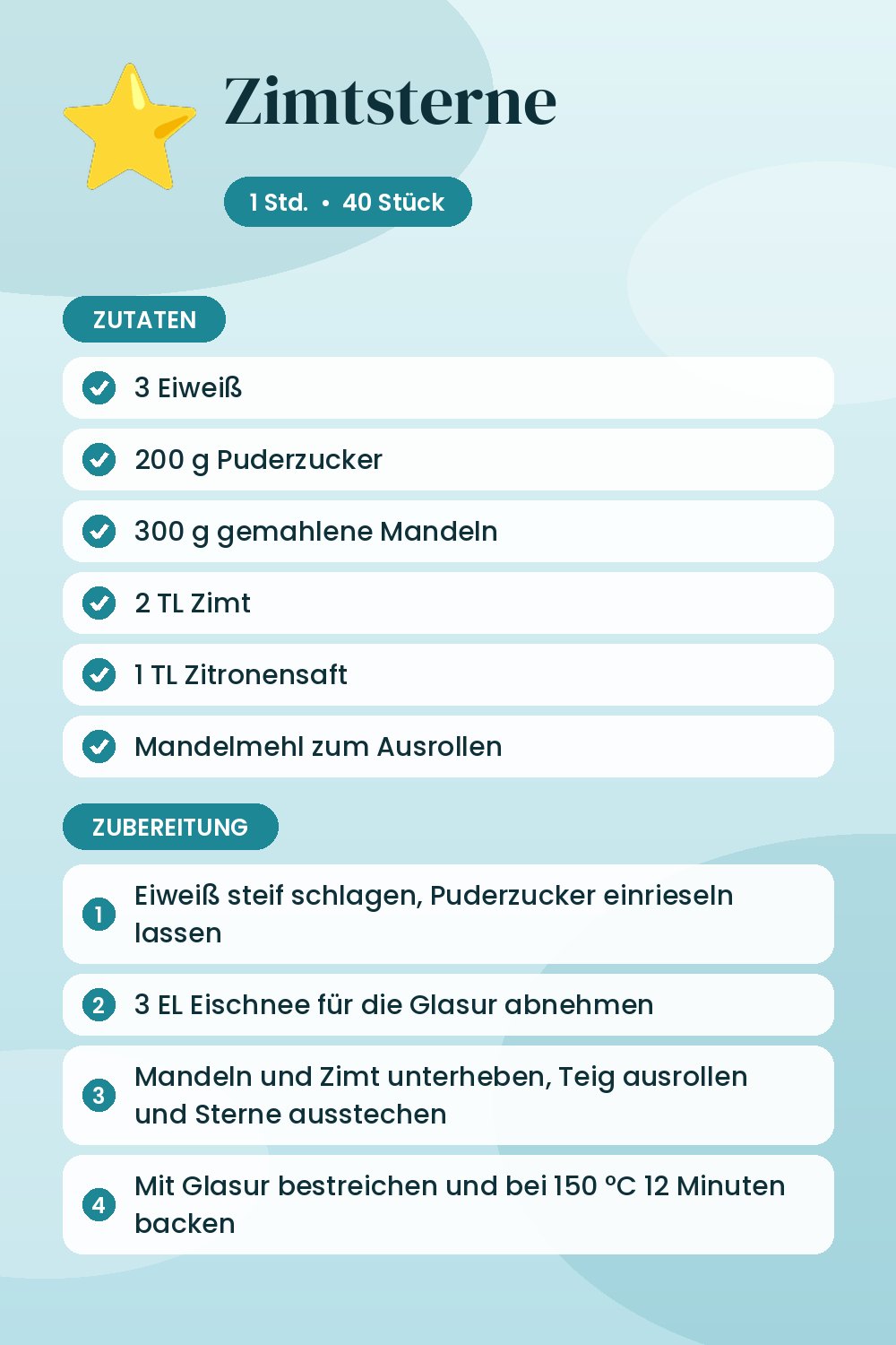 Zimtsterne: Rezeptkarte mit Zutaten und Zubereitung