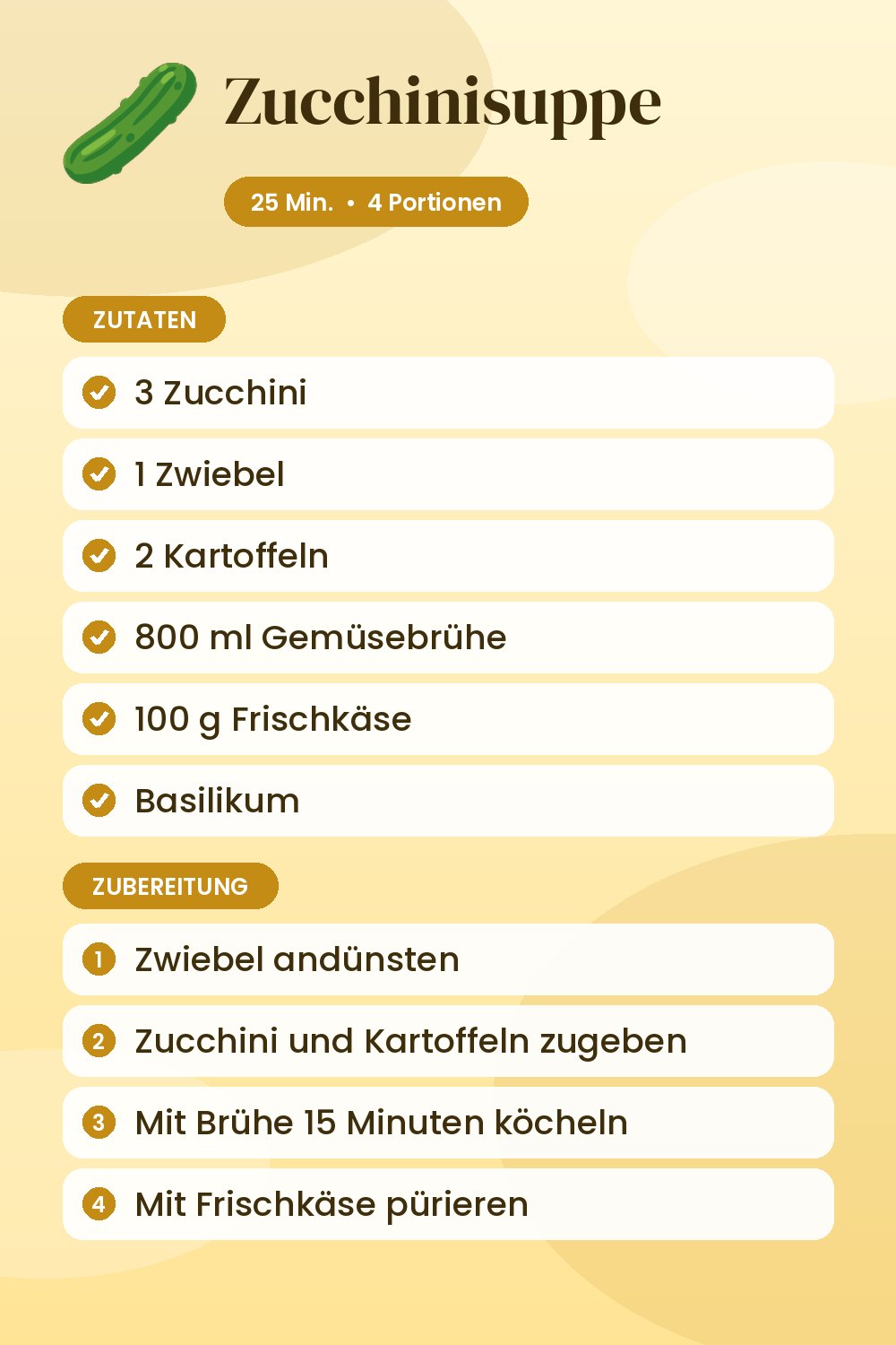 Zucchinisuppe: Rezeptkarte mit Zutaten und Zubereitung