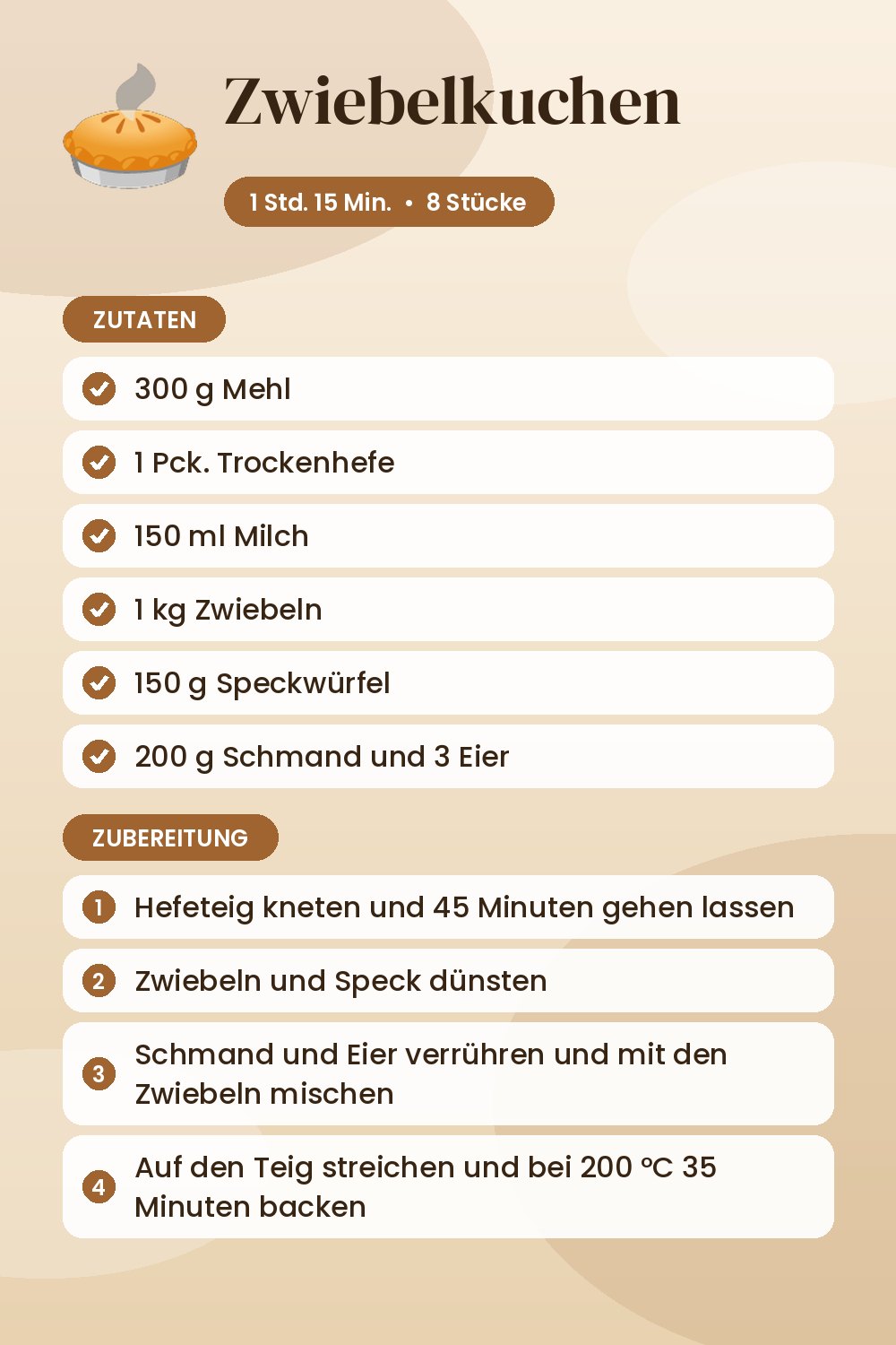 Zwiebelkuchen: Rezeptkarte mit Zutaten und Zubereitung