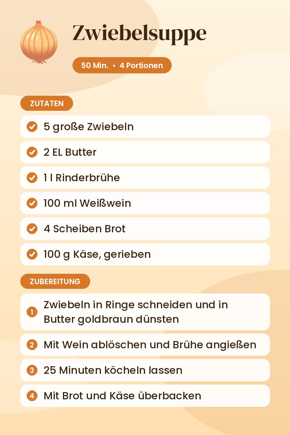 Zwiebelsuppe: Rezeptkarte mit Zutaten und Zubereitung