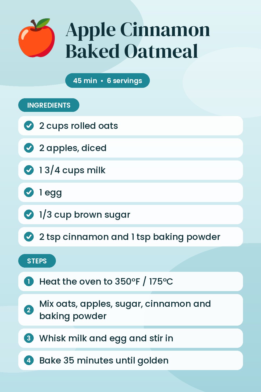 Apple Cinnamon Baked Oatmeal: recipe card with ingredients and steps