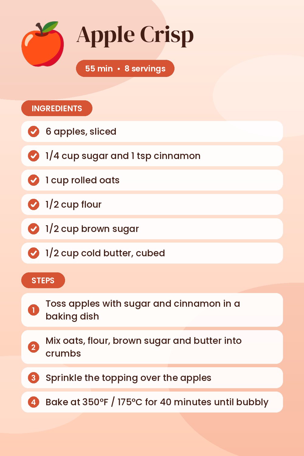Apple Crisp: recipe card with ingredients and steps